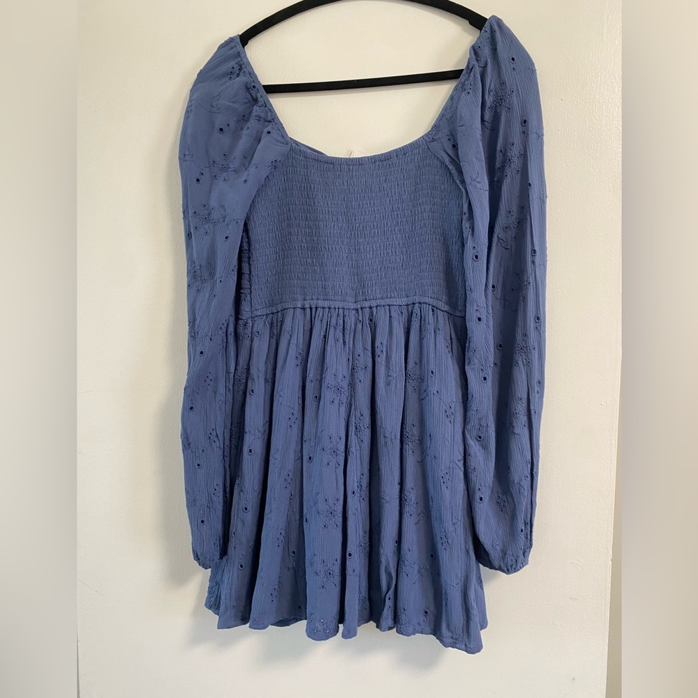 Blue Long Sleeve Smocked Dress